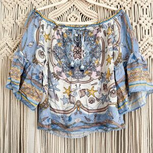 Hale Bob Silk Blend Off Shoulder Top Small Sea Shell Print